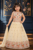 Girls Cream Embroidered Lehenga Choli Set with Dupatta
