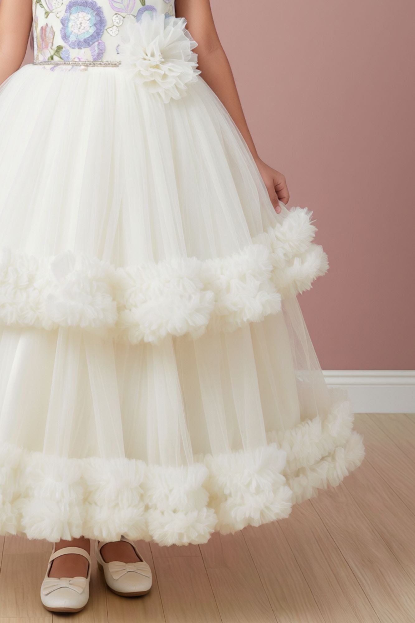 Off-White Floral Embroidered Net Party Gown with Layered Ruffle Hem For Girls