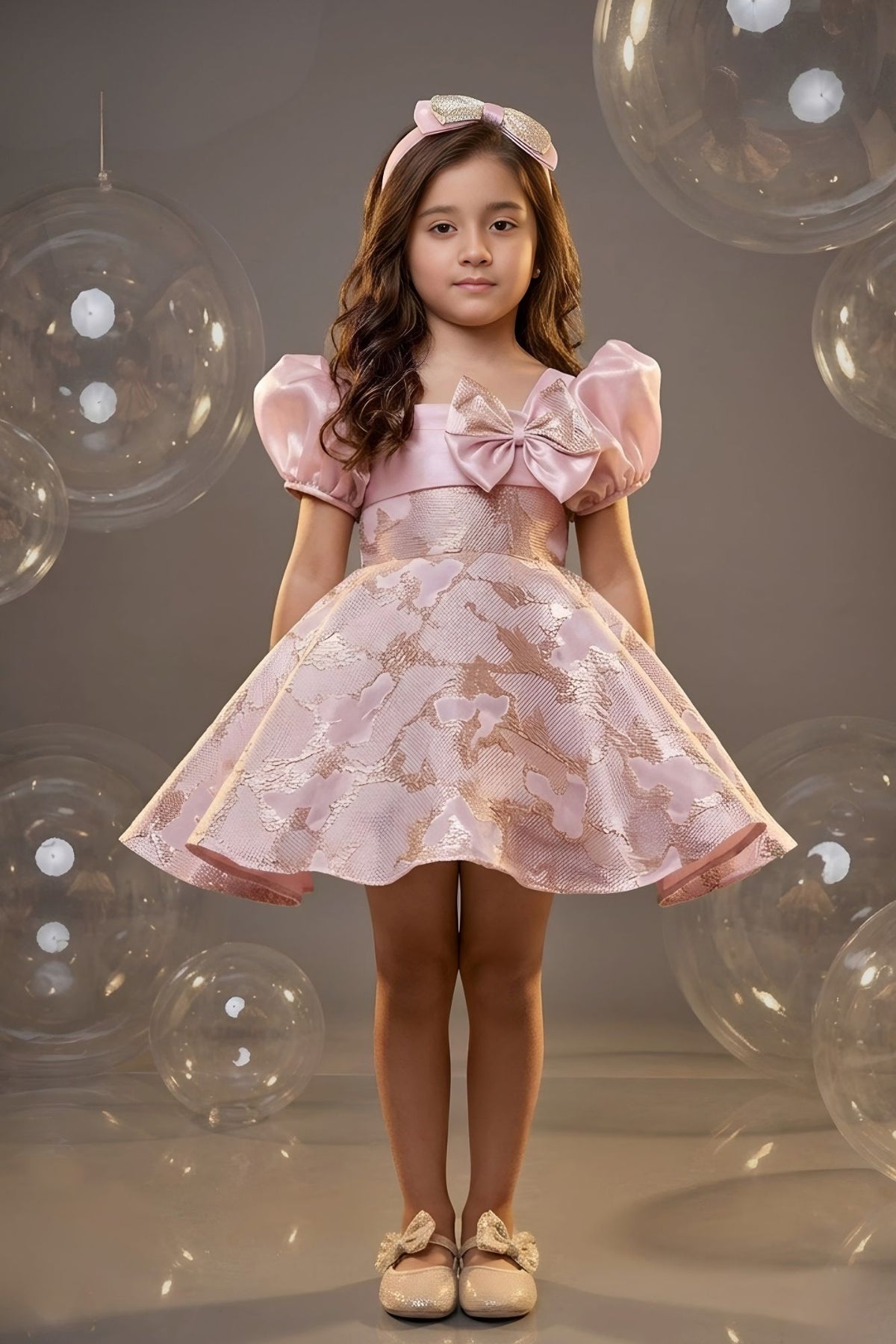 Girls Blush Pink Organza Brocade Party Wear Frock with Bow Detailing