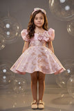 Girls Blush Pink Organza Brocade Party Wear Frock with Bow Detailing