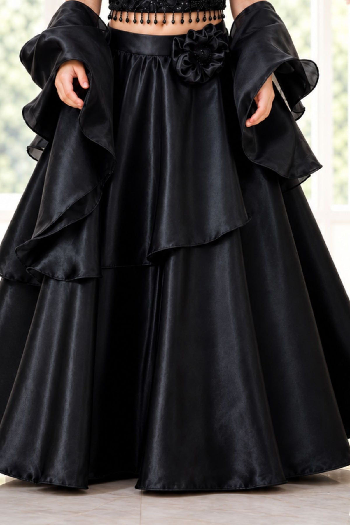 Black Sequin One-Shoulder Organza Lehenga Set For Girls