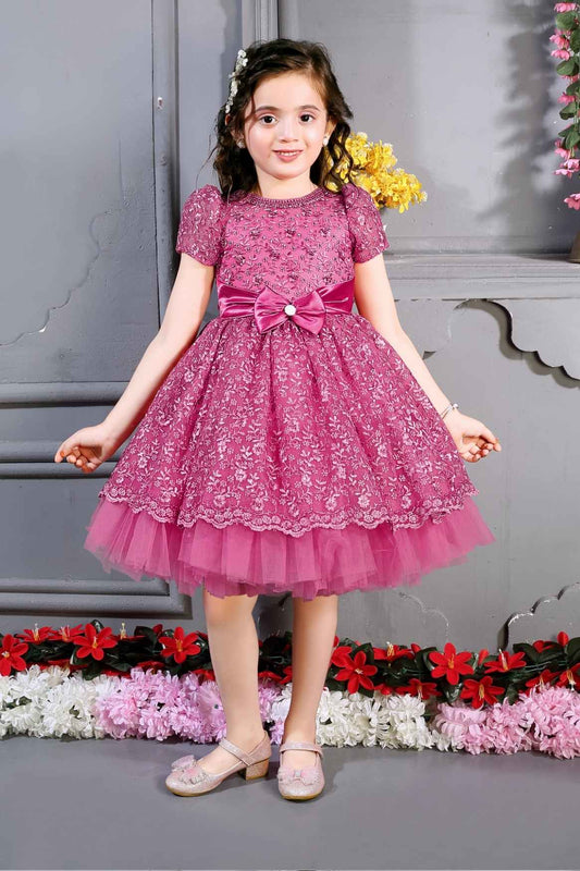 Wine Embroidered Frock With Bow Embellished For Girls