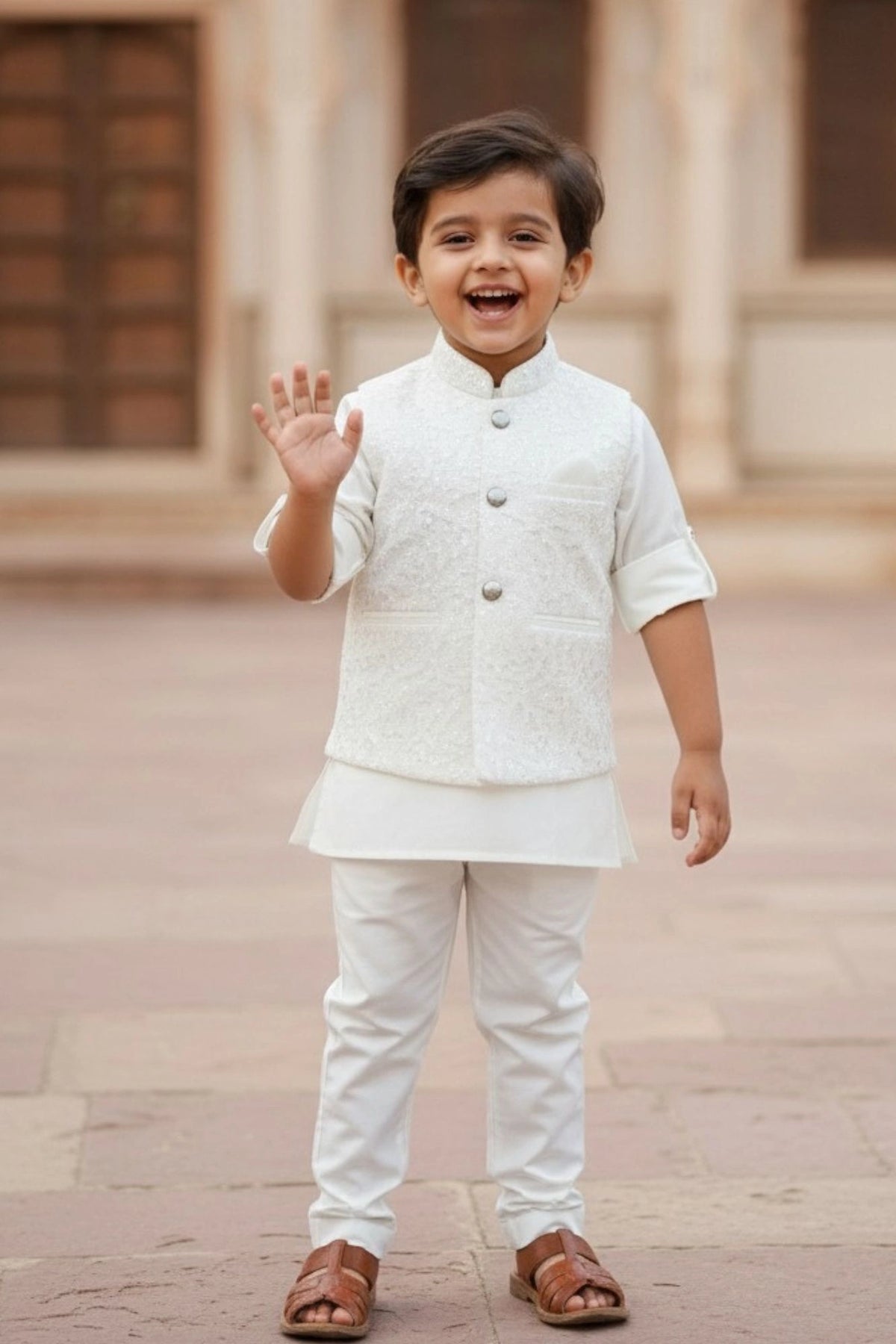 Cream Kurta Pajama Set with Embroidered Nehru Jacket For Boys