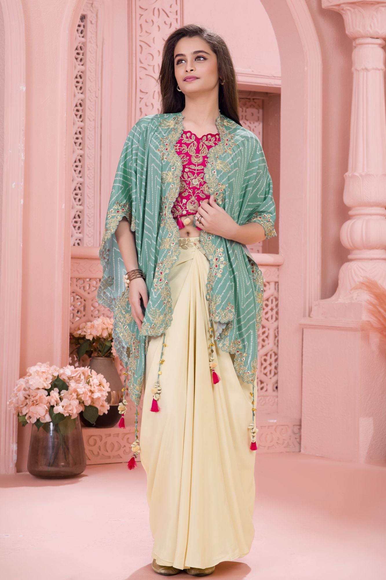 Rani Pink Embroidered Top With Cream Dhoti Skirt And Cape Set For Girls