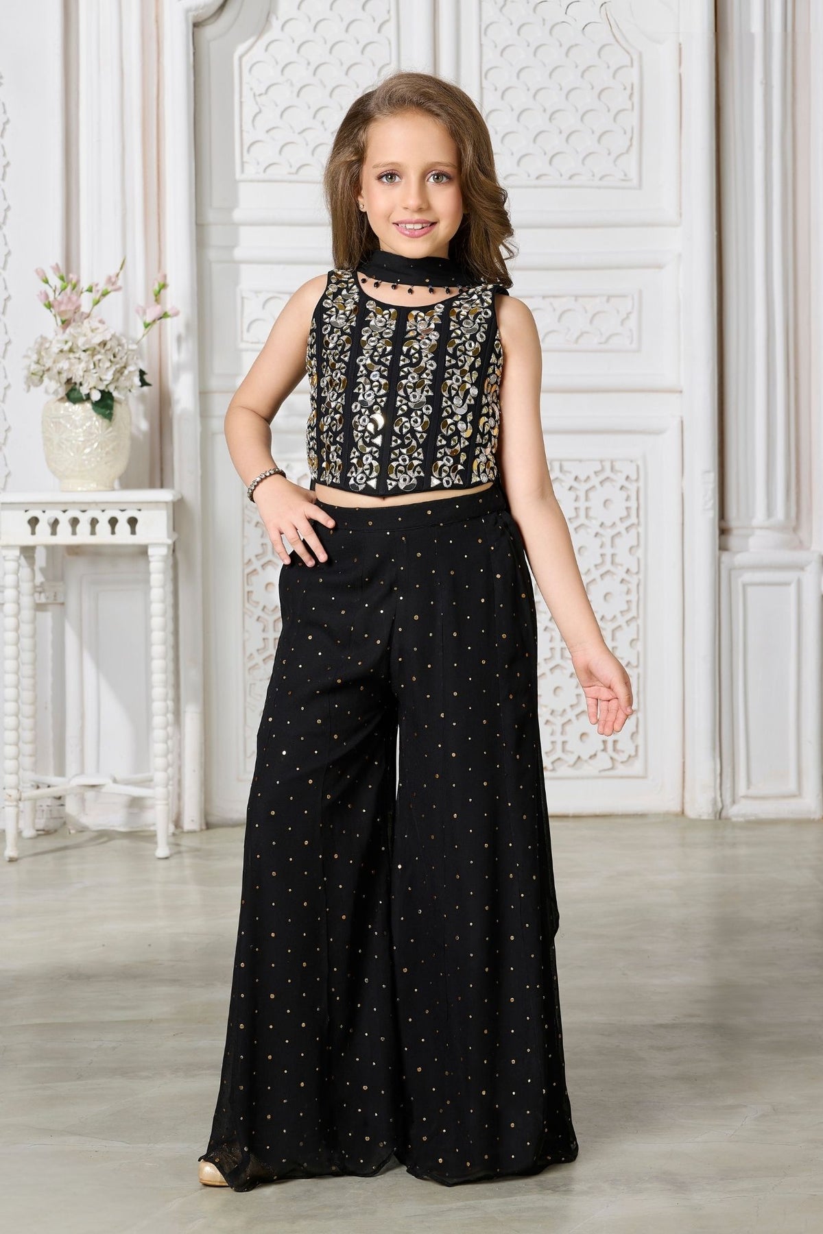 Girls Black Mirror And Zari Embellished Palazzo Set with Dupatta