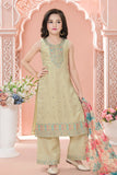 Beige Embroidered Kurta Set with Floral Printed Dupatta For Girls