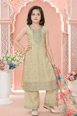 Beige Embroidered Kurta Set with Floral Printed Dupatta For Girls