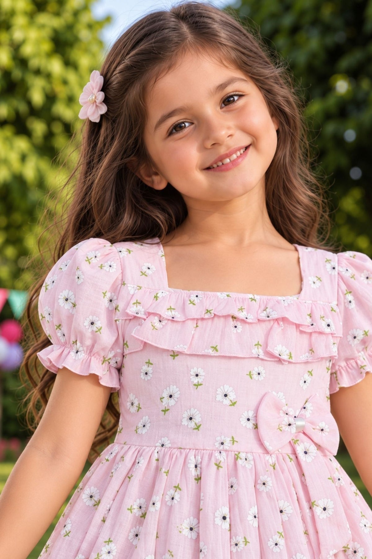 Girls Pink Floral Printed Puff Sleeve Fit And Flare Dress