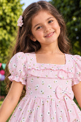 Girls Pink Floral Printed Puff Sleeve Fit And Flare Dress