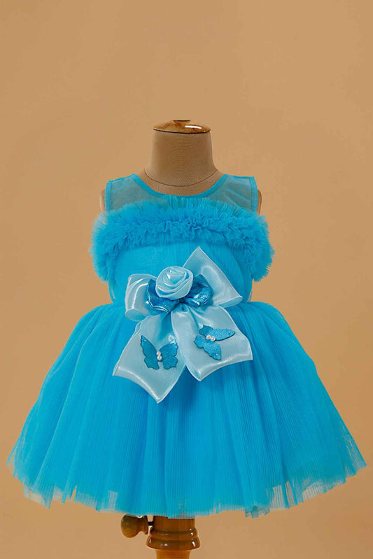 Stylish Blue Frock With Bow Embellished For Girls