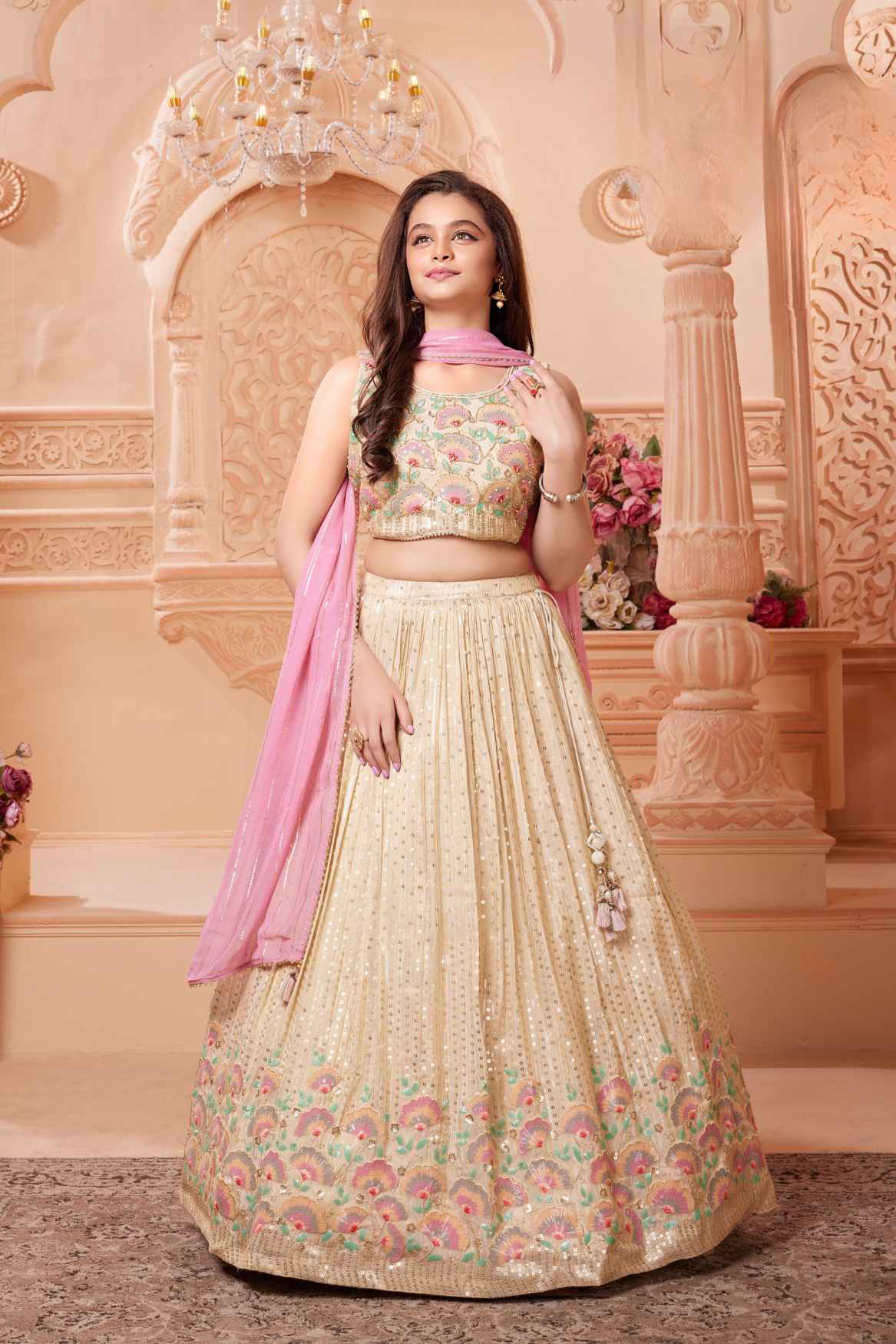 Beige And Pastel Multicolor Embroidered Lehenga Choli Set For Girls