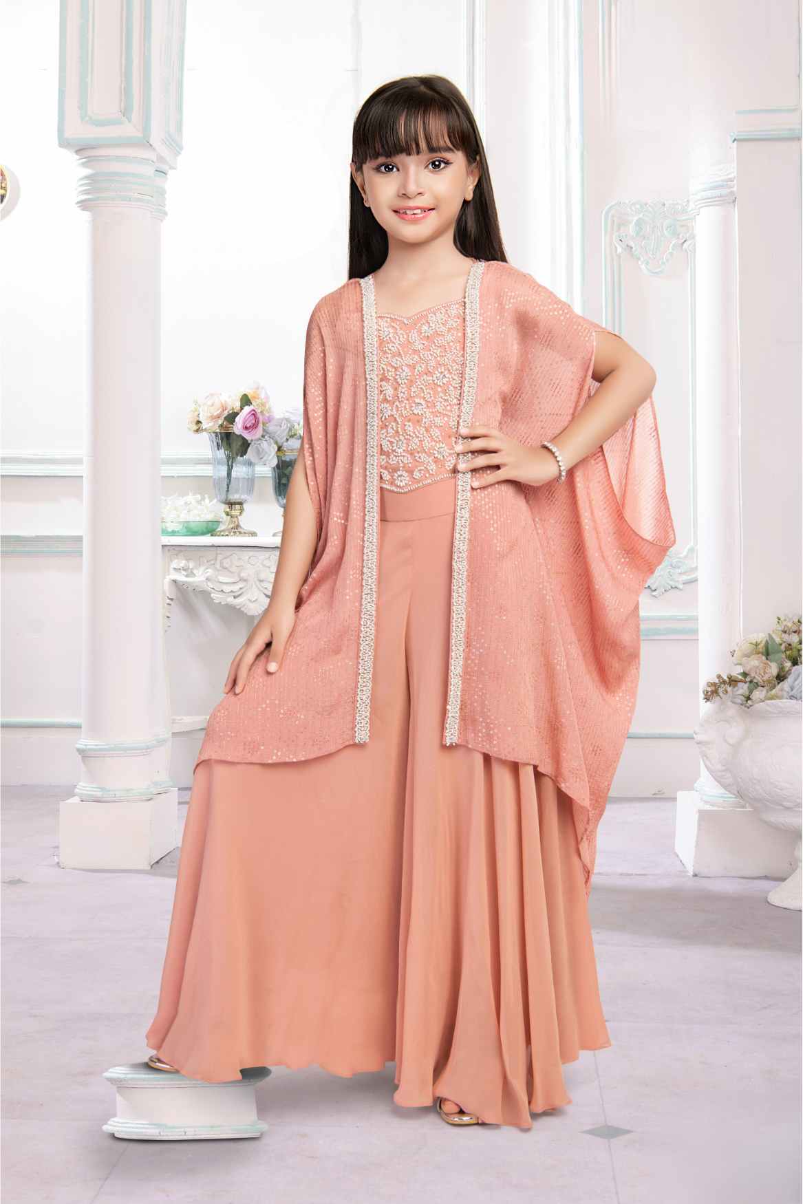 Peach Beads And Sequins Work Palazzo Set With Overcoat For Girls