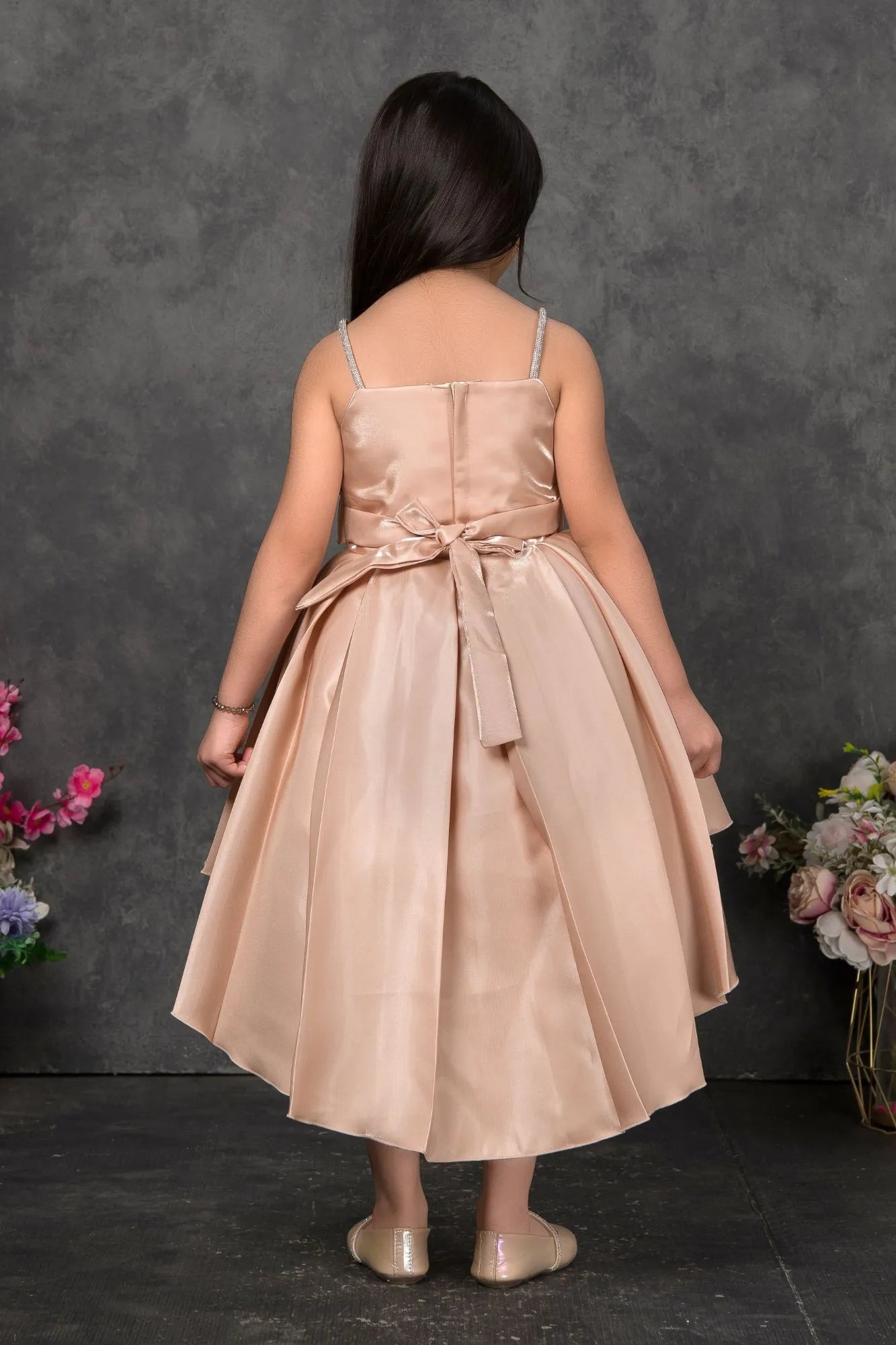 Rosette Bloom Golden High-Low Party Wear Frock For Girls