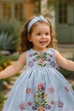 Sky Blue Sleeveless Embroidered Frock With Butterfly Motifs & Pearls For Girls