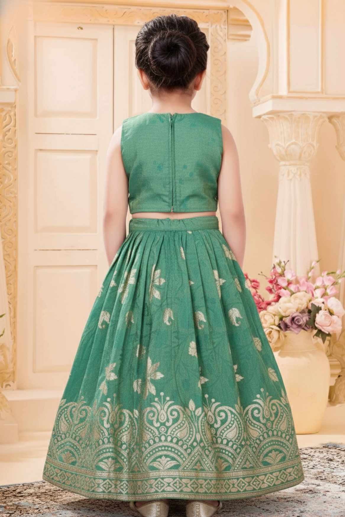 Green Floral Brocade Lehenga Choli Set For Girls