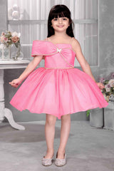 Pink Sleeveless And Bow Embellishment With Stone Worked Frock For Girls