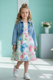 Cream Floral Layered Frock with Denim Jacket For Girls