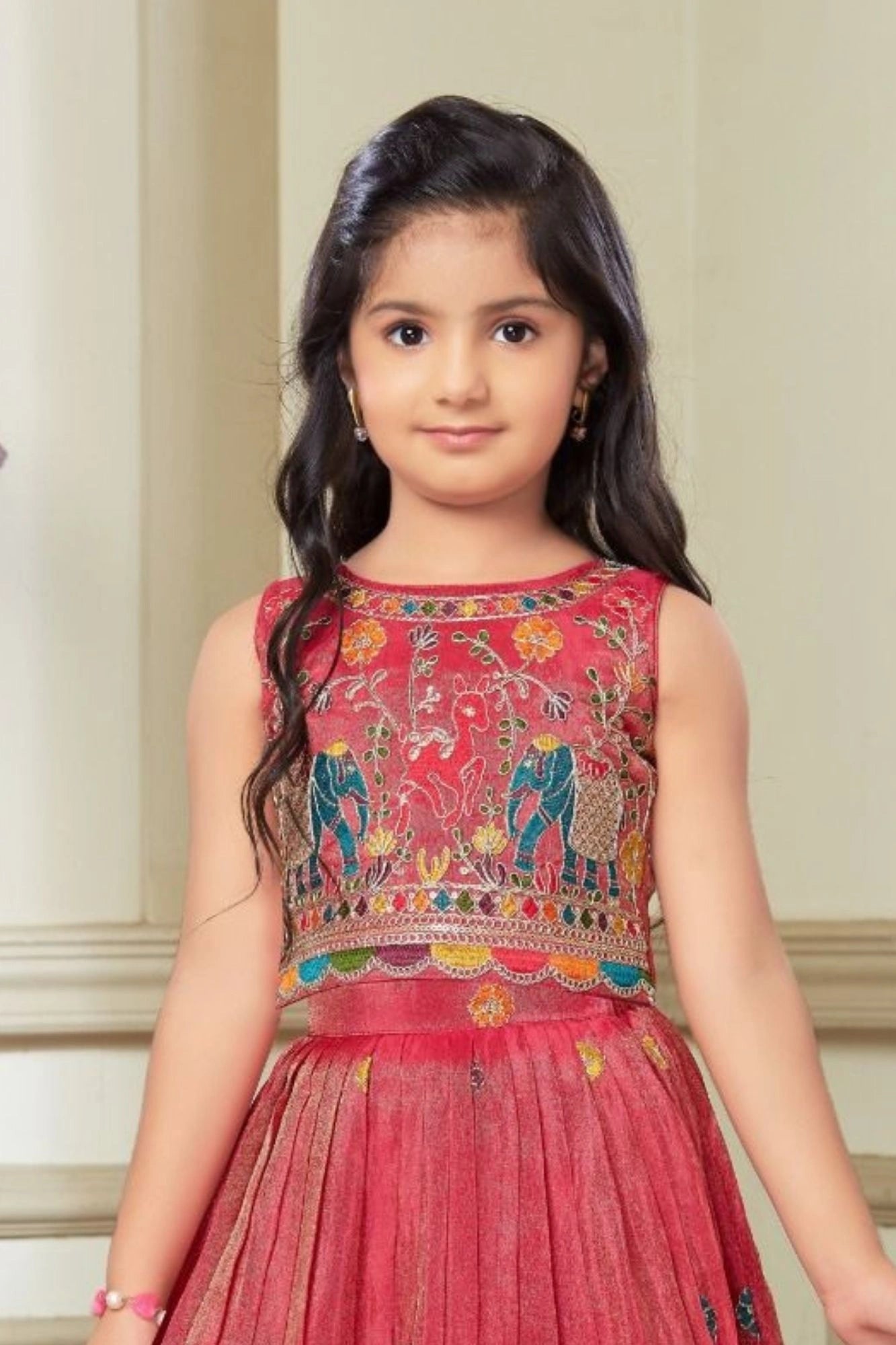 Rani Pink Folk Embroidered Lehenga Choli for Girls