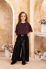 Wine And Black Palazzo With Kimono Top Set For Girls