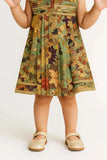 Green Multicolor Pleated Sequins Embroidered Floral Dress For Girls