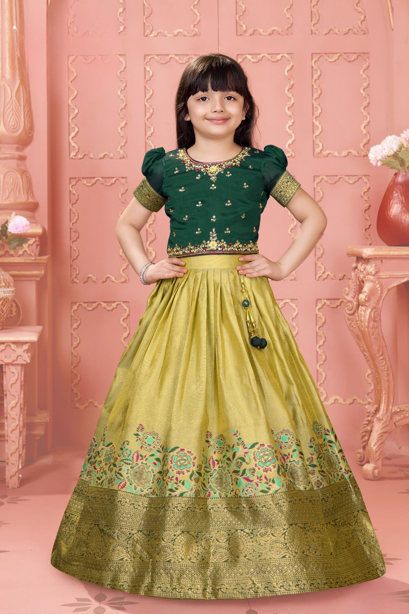 Bottle Green Silk  Pattu Pavadai with Puff Sleeves For Girls