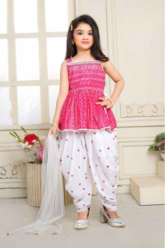 Pink Bandhani Printed And Mirror Worked Dhoti Set For Girls