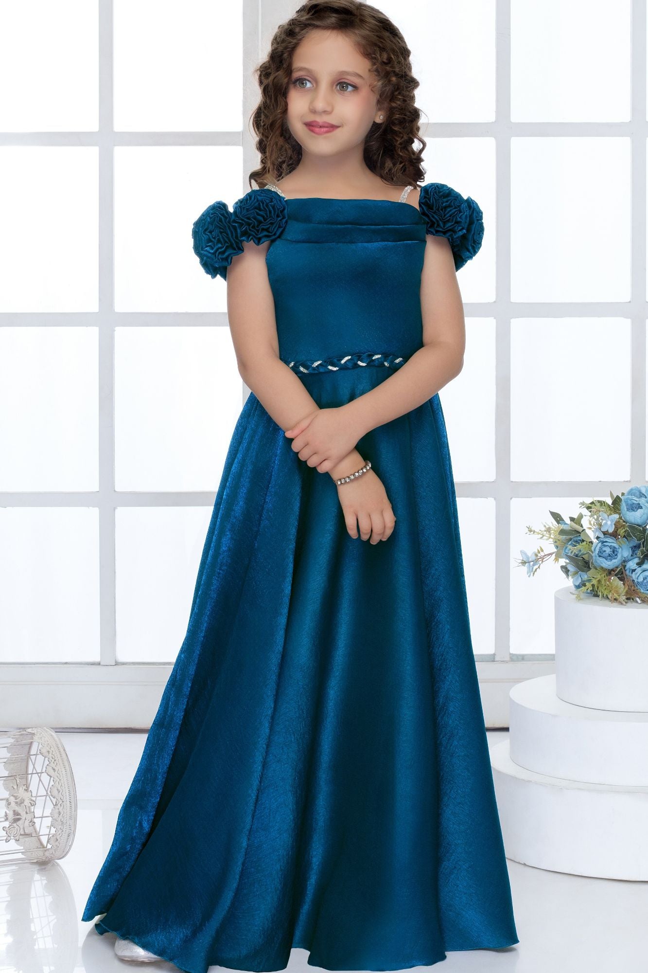 Peacock Blue Embellished Off-Shoulder Party Gown For Girls