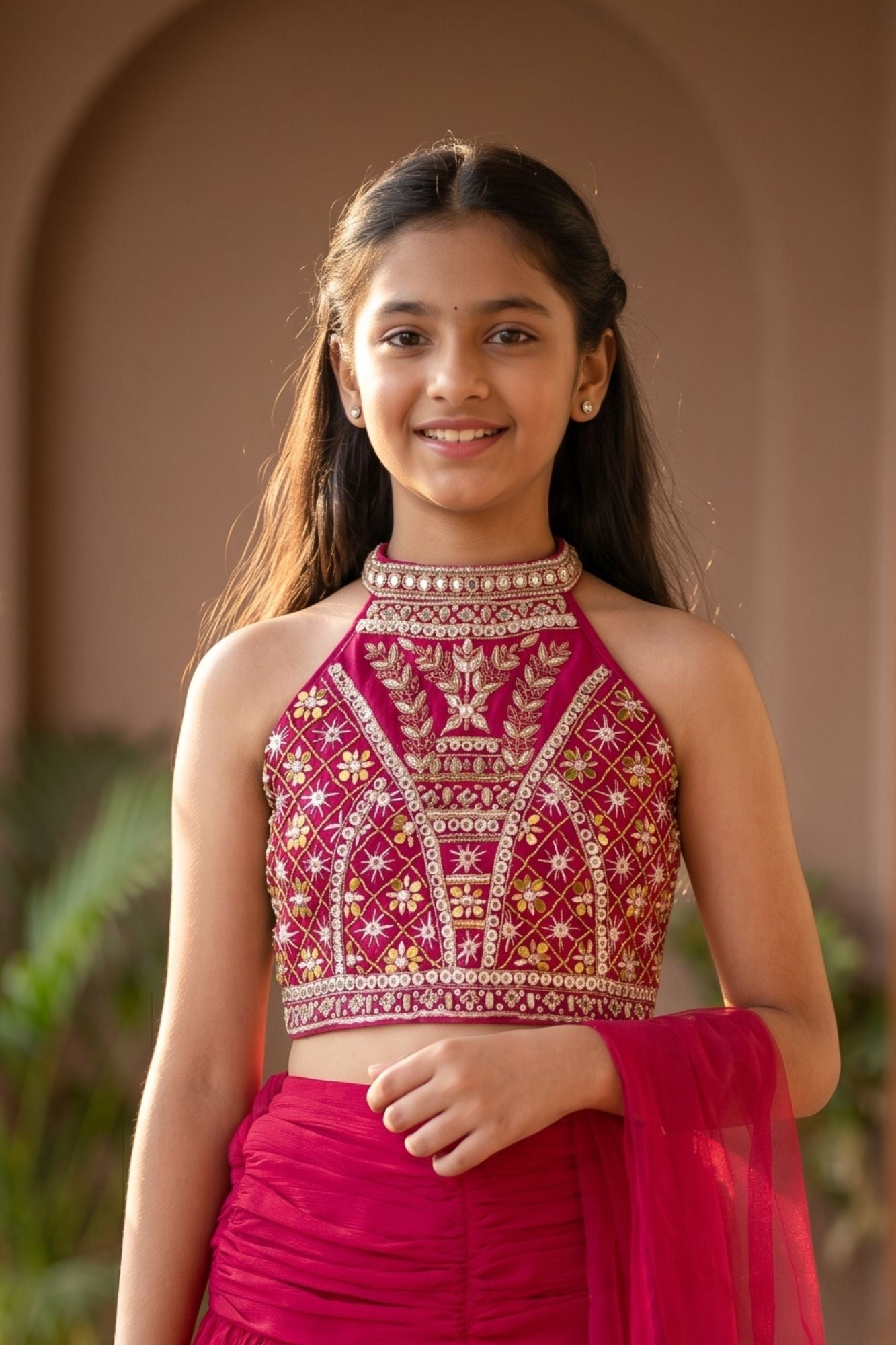 Girls Rani Pink  Embroidered Halter Neck Choli Set with Dupatta