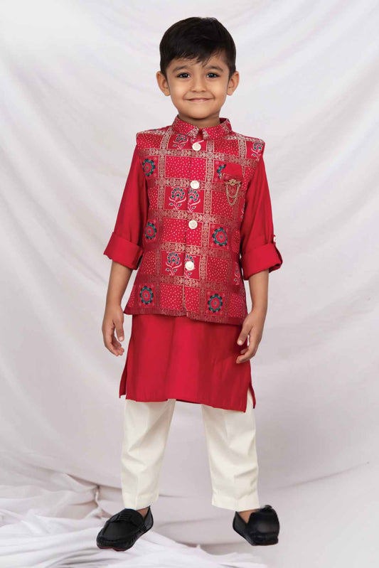 Red Jaipuri Printed Waist Coat And Kurta With Cream Pant Set For Boys