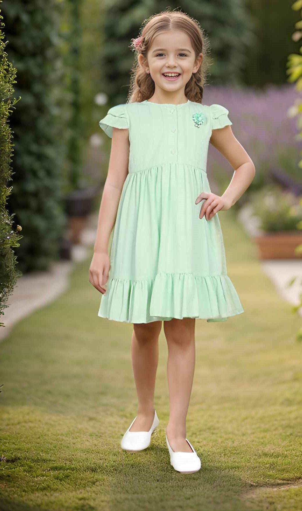 Pista Green Casual Frock With Flutter Sleeves For Girls - Lagorii Kids