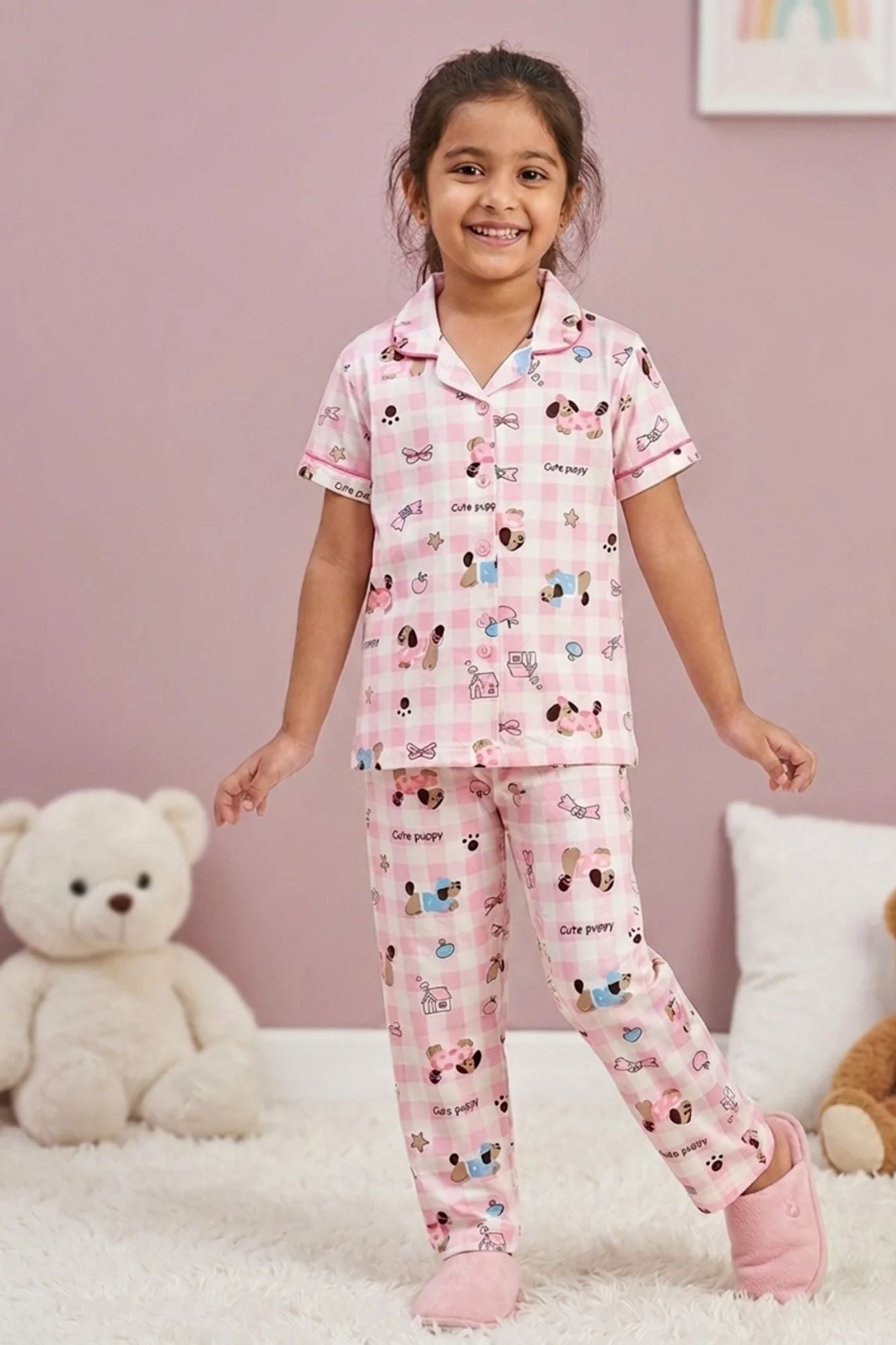 Girls Pink Puppy Print Night Suit Set