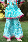 Sky Blue Mirror Work With Embroidery And Floral Printed Sharara Set For Girls