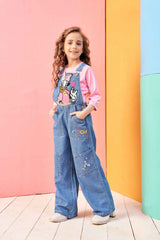 Pink 3/4th Sleeves T-shirt With Cartoon Embroidered Blue Denim Jumpsuit Set For Girls