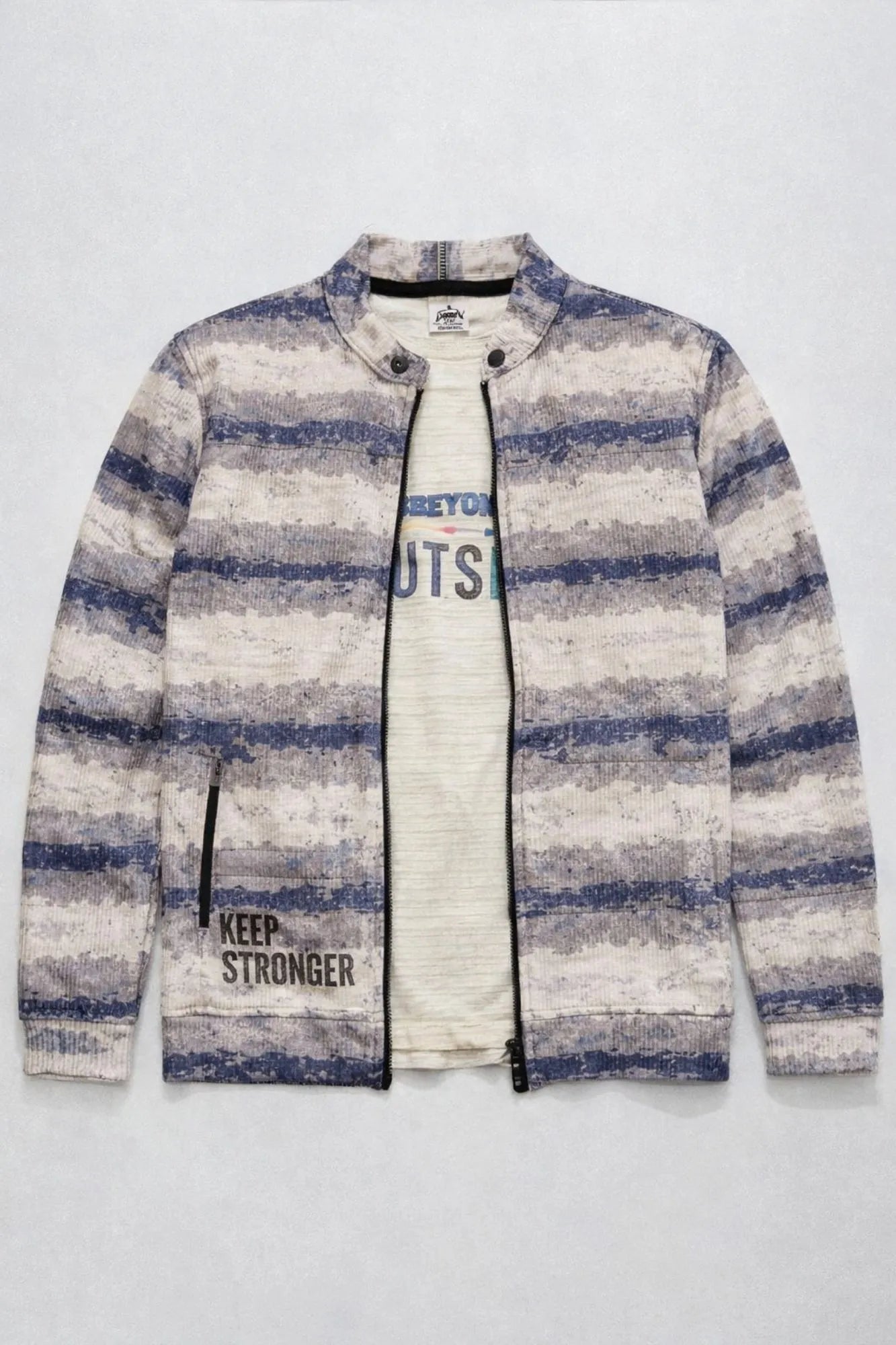 Blue & White Striped Zip-Up Jacket With Graphic Tshirt Set For Boys