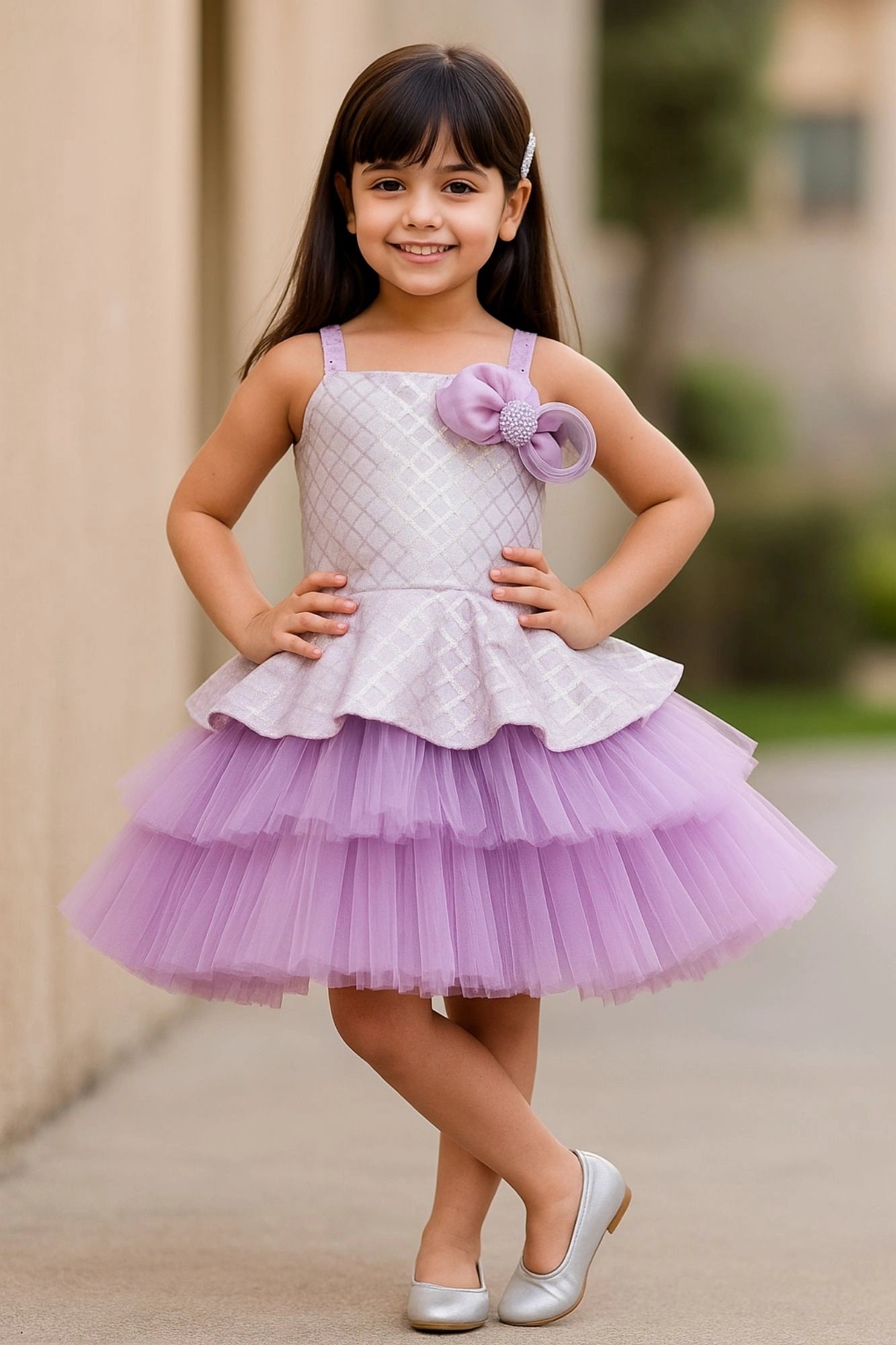 Lavender & White Layered Party Frock with Statement Bow For girls