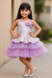 Lavender & White Layered Party Frock with Statement Bow For girls