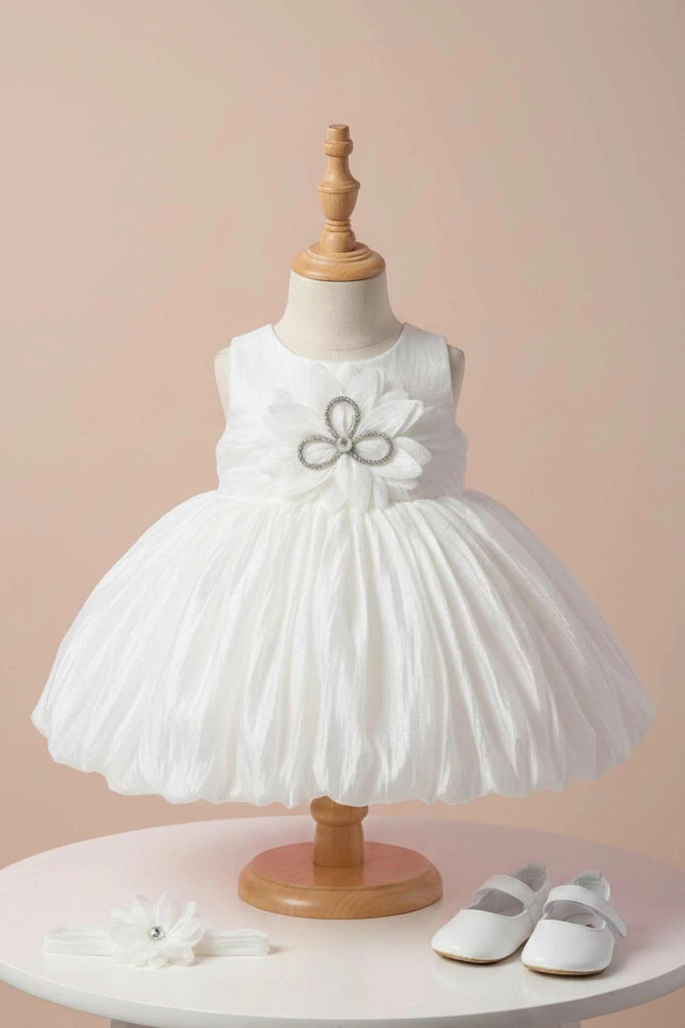 White Party Frock with Oversized Floral Appliqué and Pleated Shine Finish For Girls