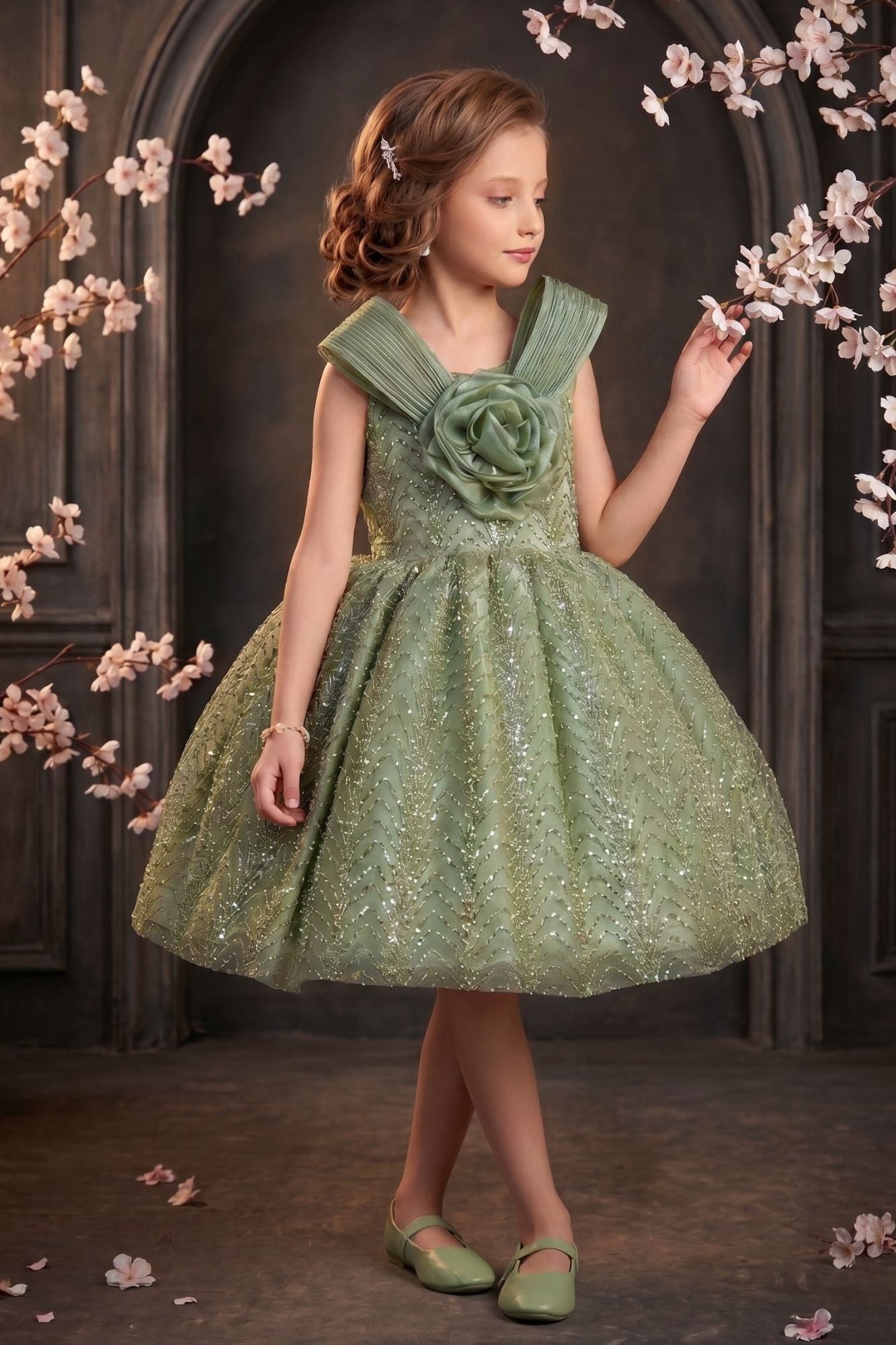 Girls Sage Green Party Wear Frock with 3D Floral Bow And Sequin Detailing