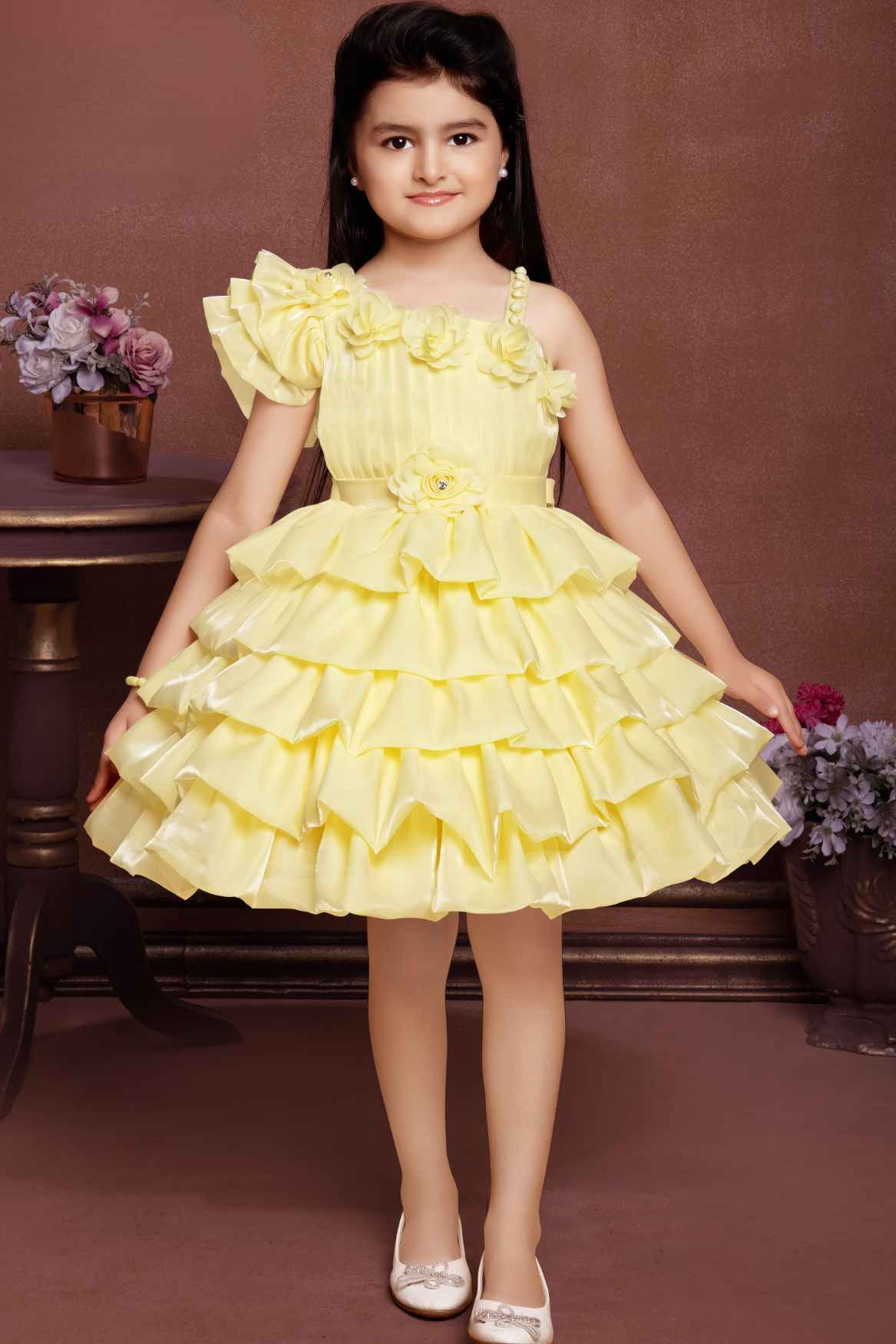 Lemon Yellow One Shoulder Sleeve And Floral Embellished Frock For Girls