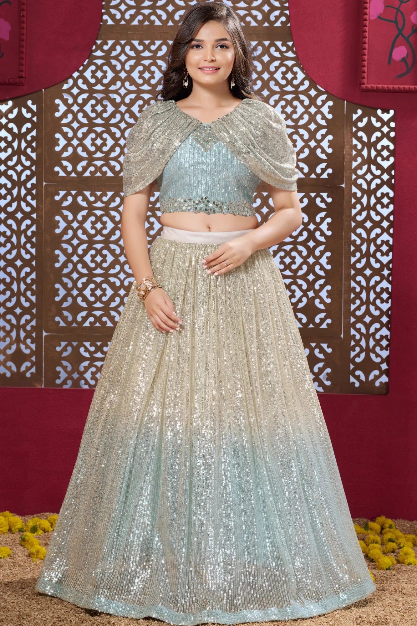 Sea Green Sequin Lehenga Choli Set For Girls