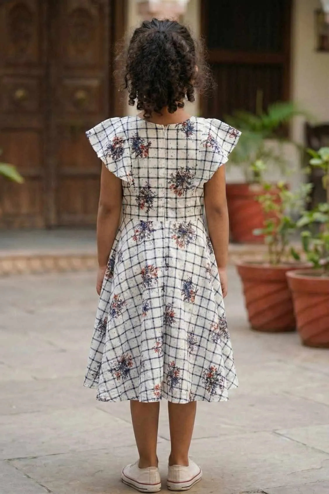 White Checkered Floral Print Frock For Girls