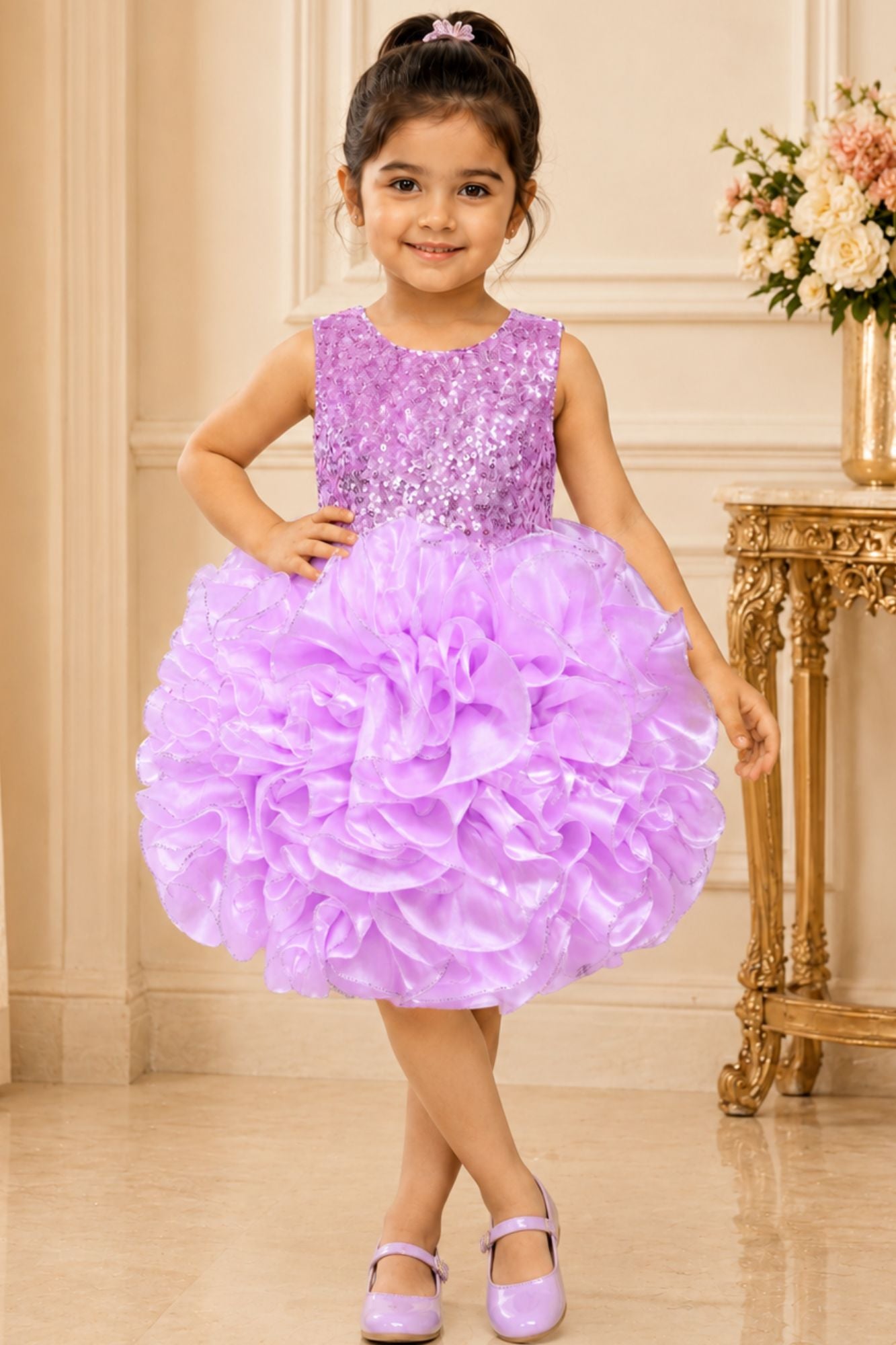 Girls Lavender Sequin Ruffle Party Wear Frock