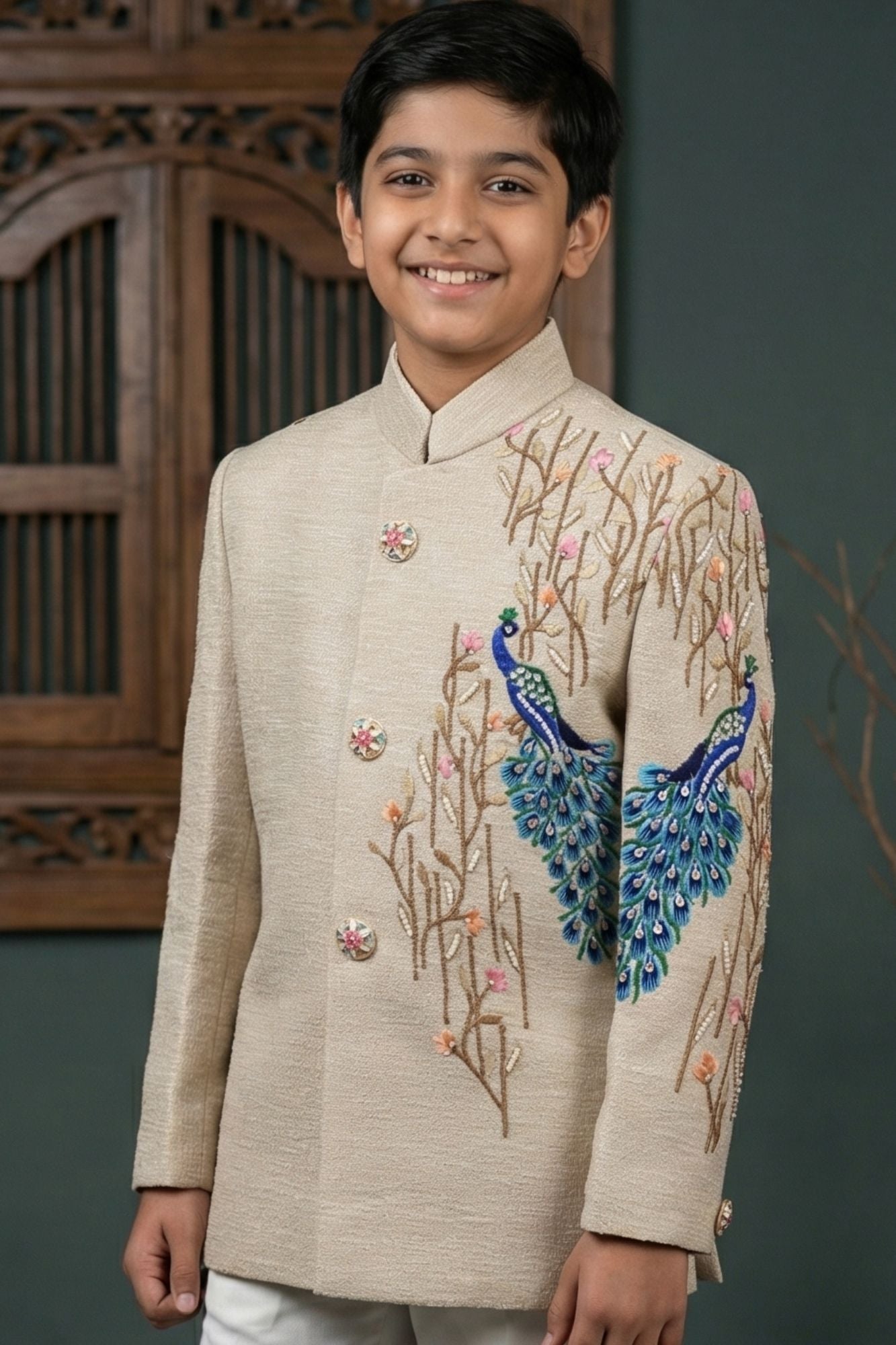 Boys Beige Jodhpuri Suit with Peacock Embroidery