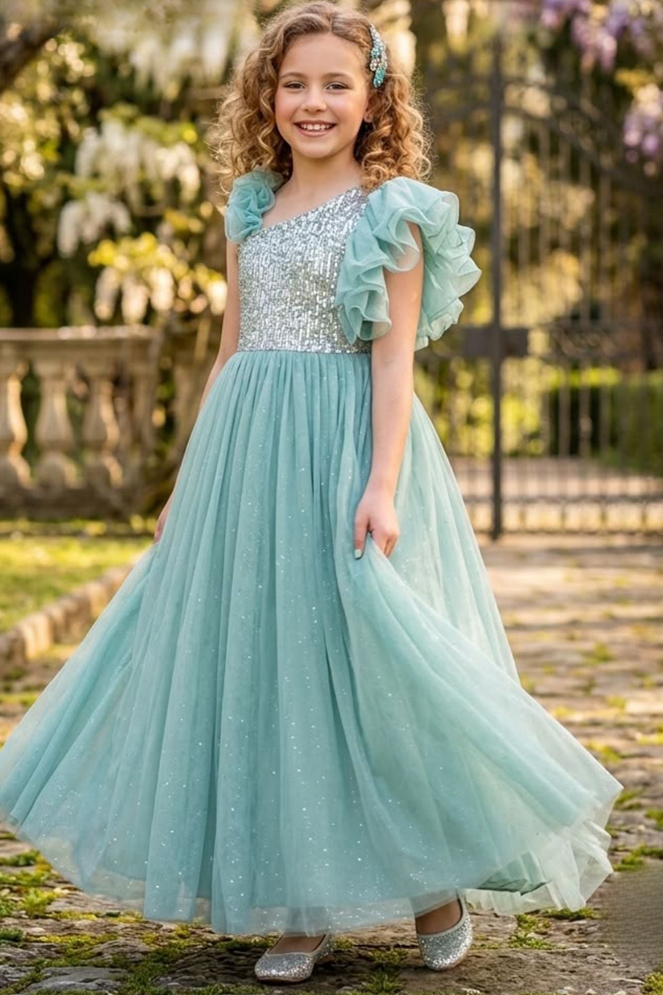 Girls Aqua Blue Sequin Embellished Asymmetric Ruffle Party Wear Gown