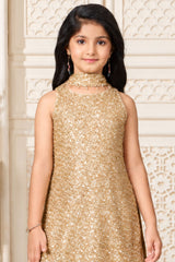 Girls Elegant Champagne Gold Densely Sequin Embellished Palazzo Set