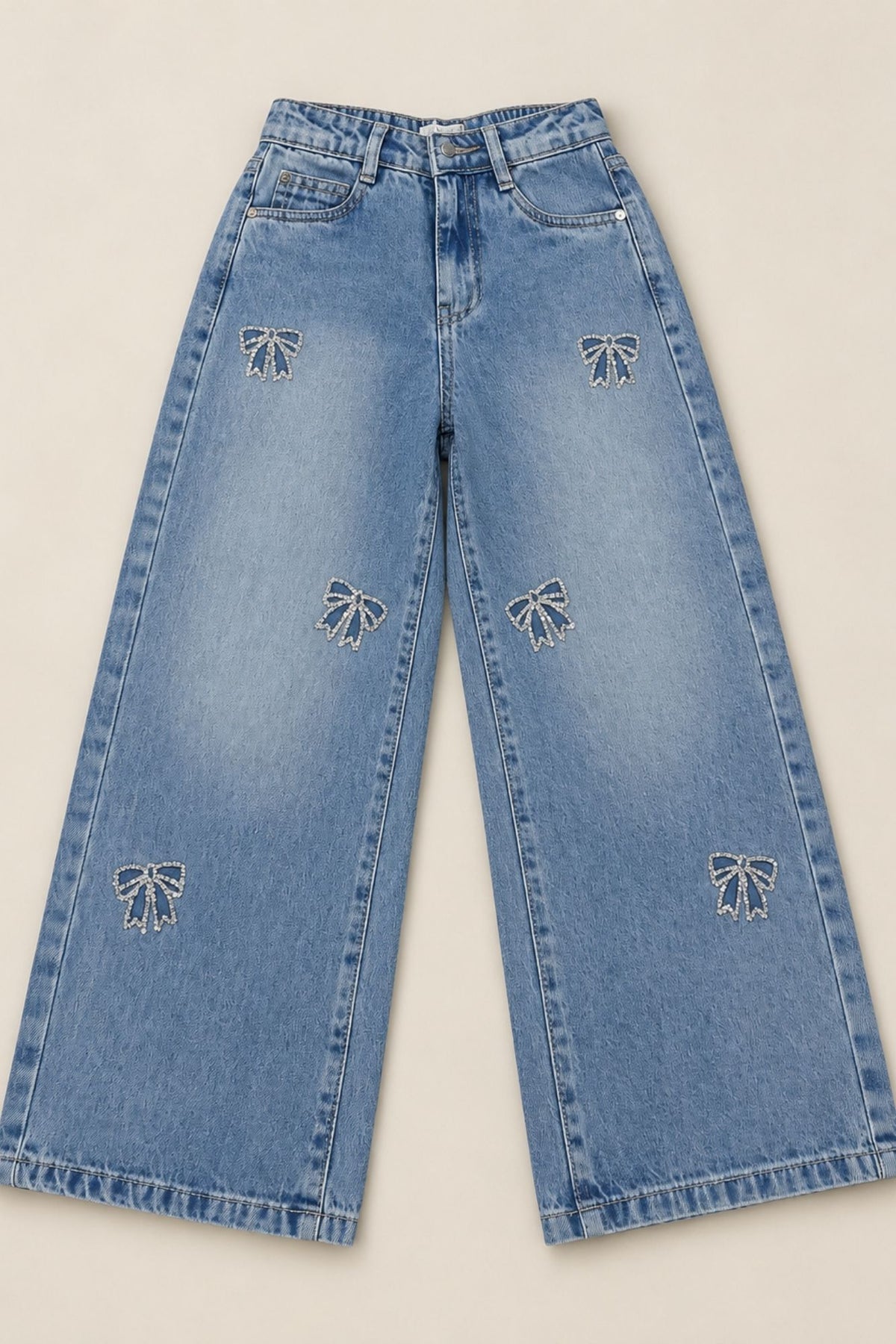 Blue Bow Embellished Straight Fit Stone Washed Jeans For Girls