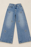 Blue Bow Embellished Straight Fit Stone Washed Jeans For Girls
