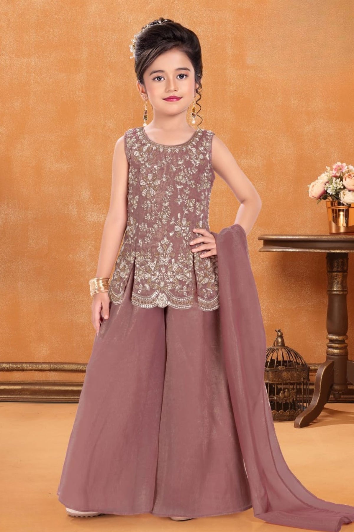 Girls Onion Pink Silver Floral Embroidered Palazzo Set With Dupatta