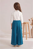 Girls White Floral Embroidered Top with Teal Green Pleated Palazzo Pants Set