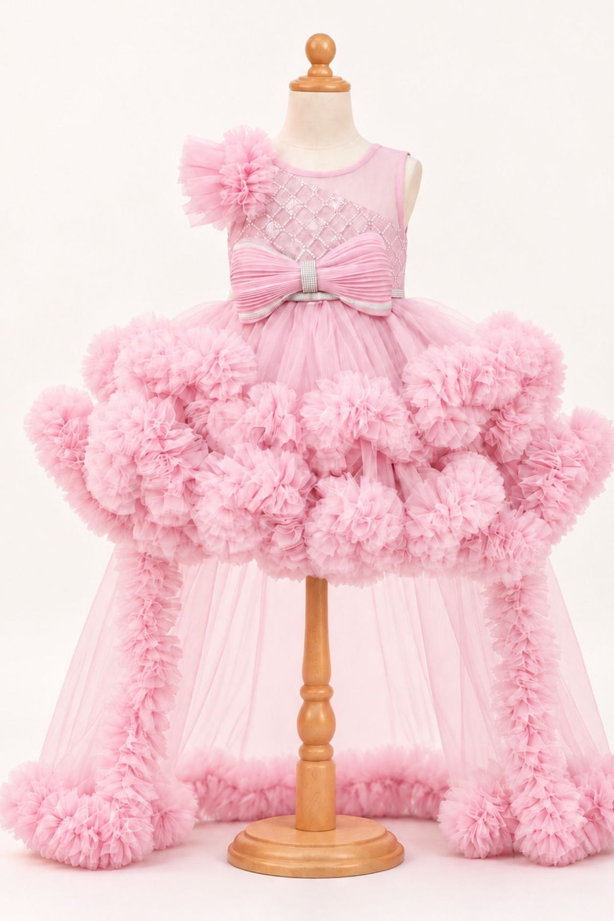 Girls Pink Floral Net High-Low Party Frock